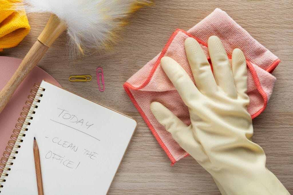 A gloved hand wipes a table near a notebook, pencil, duster, and cleaning cloths—perfect for efficient workspace cleaning.