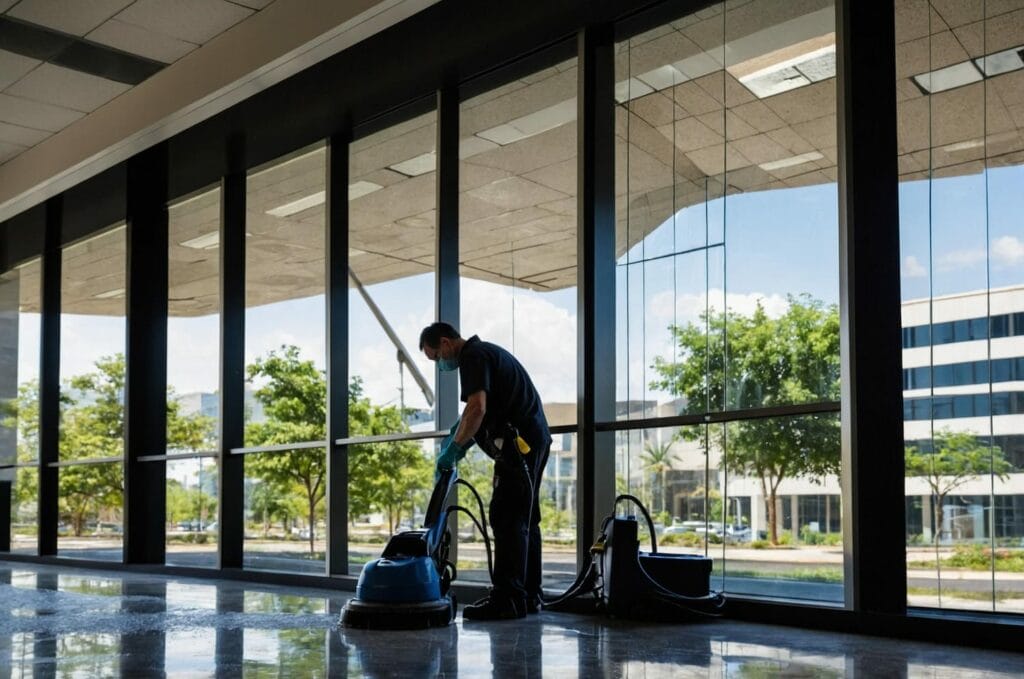 A person cleaning the shiny floor of a building lobby with large windows and outdoor trees visible.