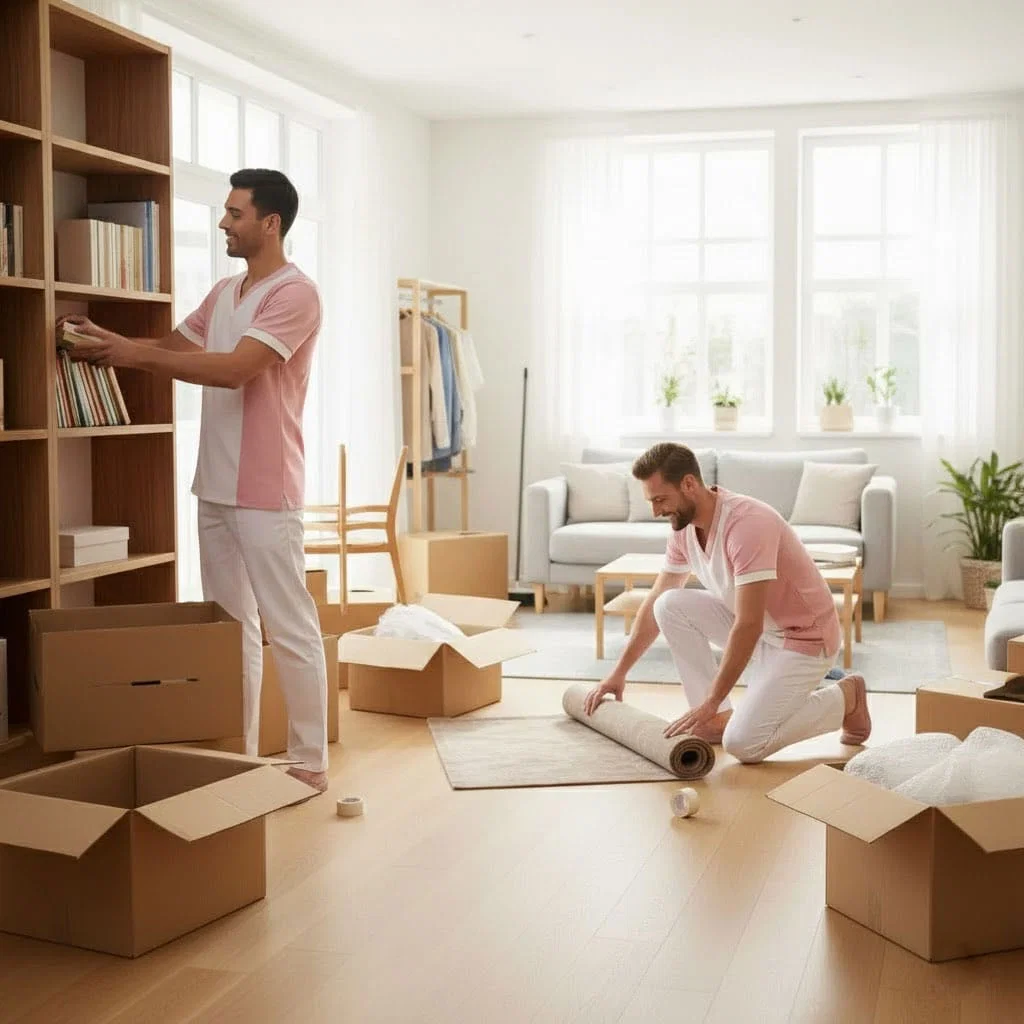 Two men unpack and arrange items in a bright living room with boxes and household items around them, preparing the space for a professional cleaning service.