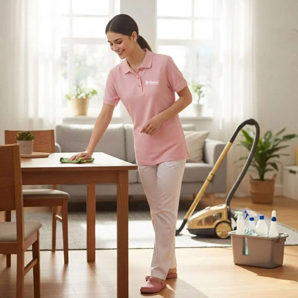 A woman in a pink uniform delivers professional cleaning, tidying a table in a bright living room with cleaning supplies nearby.