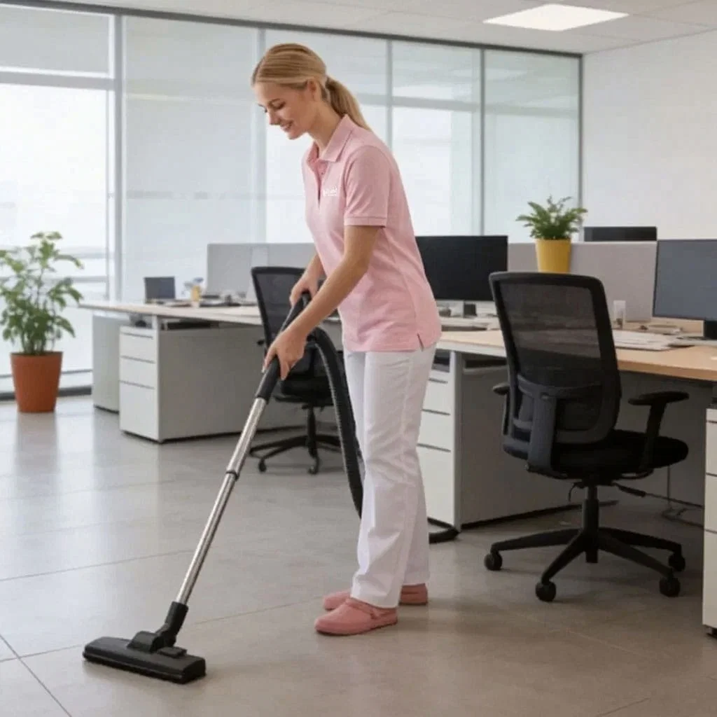 Woman in pink providing office cleaning, vacuuming the floor surrounded by desks, chairs, and plants.